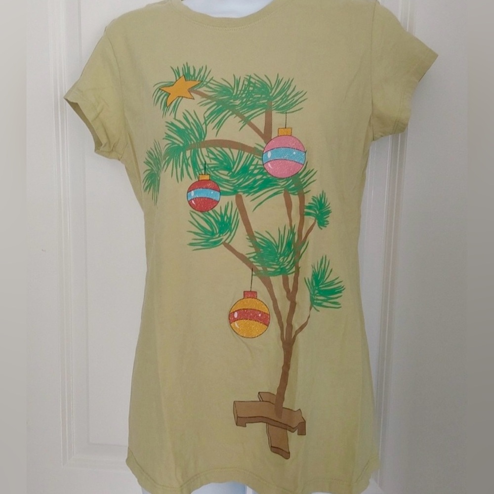 Christmas tree. Light olive green. Short sleeve. Says XL, but fits more like a M